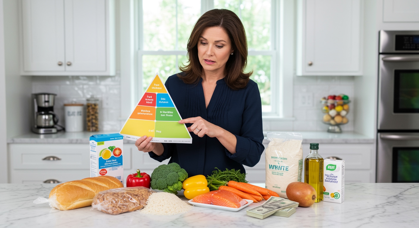 Woman holding food pyramid diagram while pointing at it with fresh vegetables, grains, and money arranged on marble counter