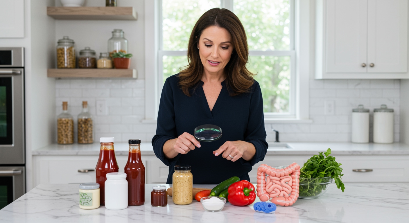 Woman examining food products and digestive health items on white marble countertop in modern kitchen setting