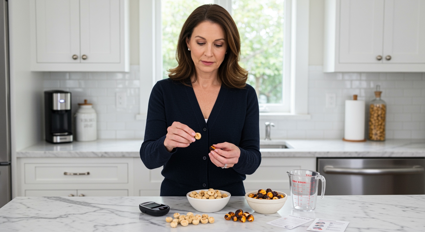 Middle-aged woman holding bowl of fox nuts while examining individual pieces on marble countertop with diabetes monitoring tools