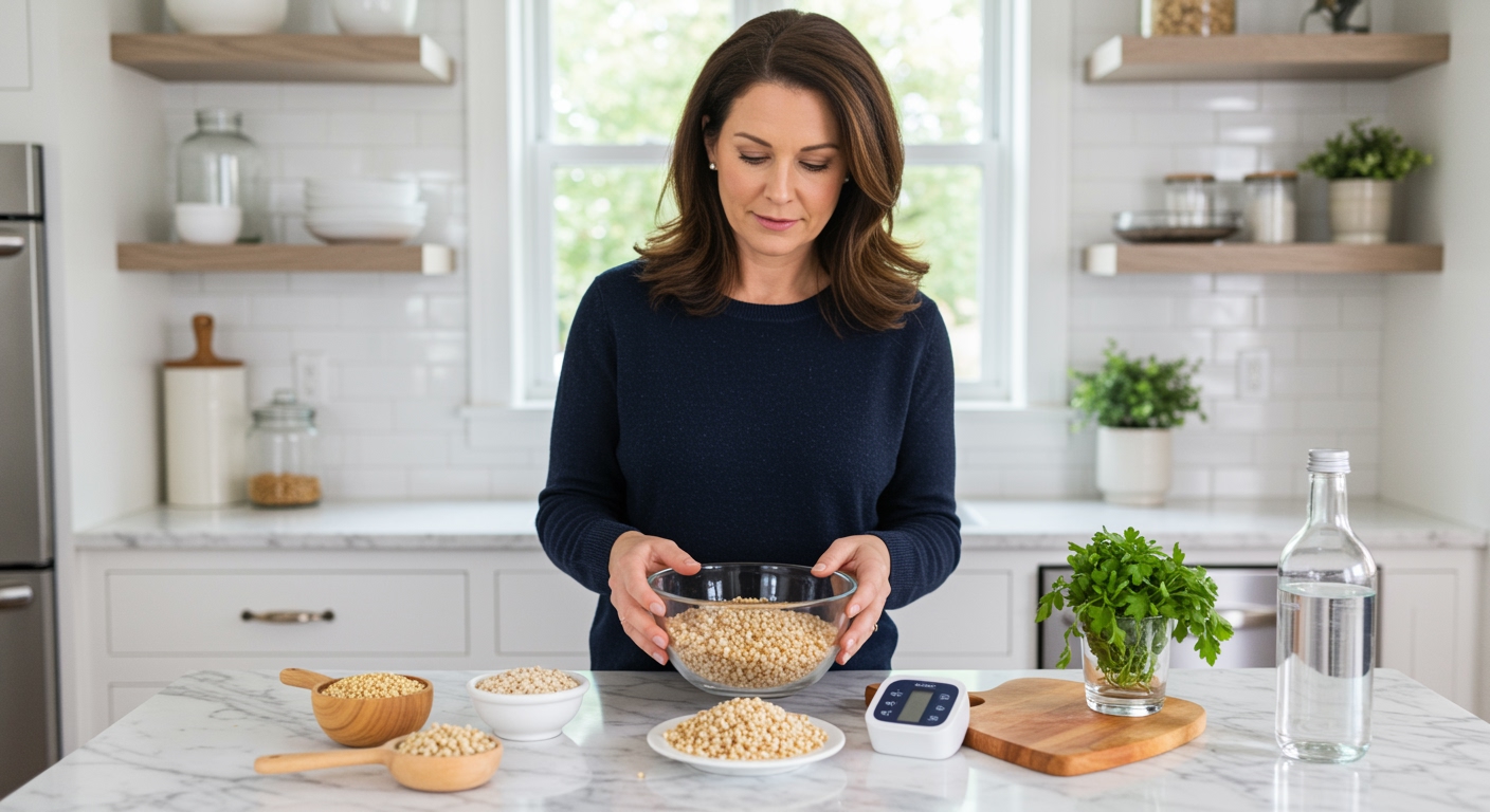 Woman examining bowl of freekeh grains on marble counter with blood pressure monitor and health items in modern kitchen