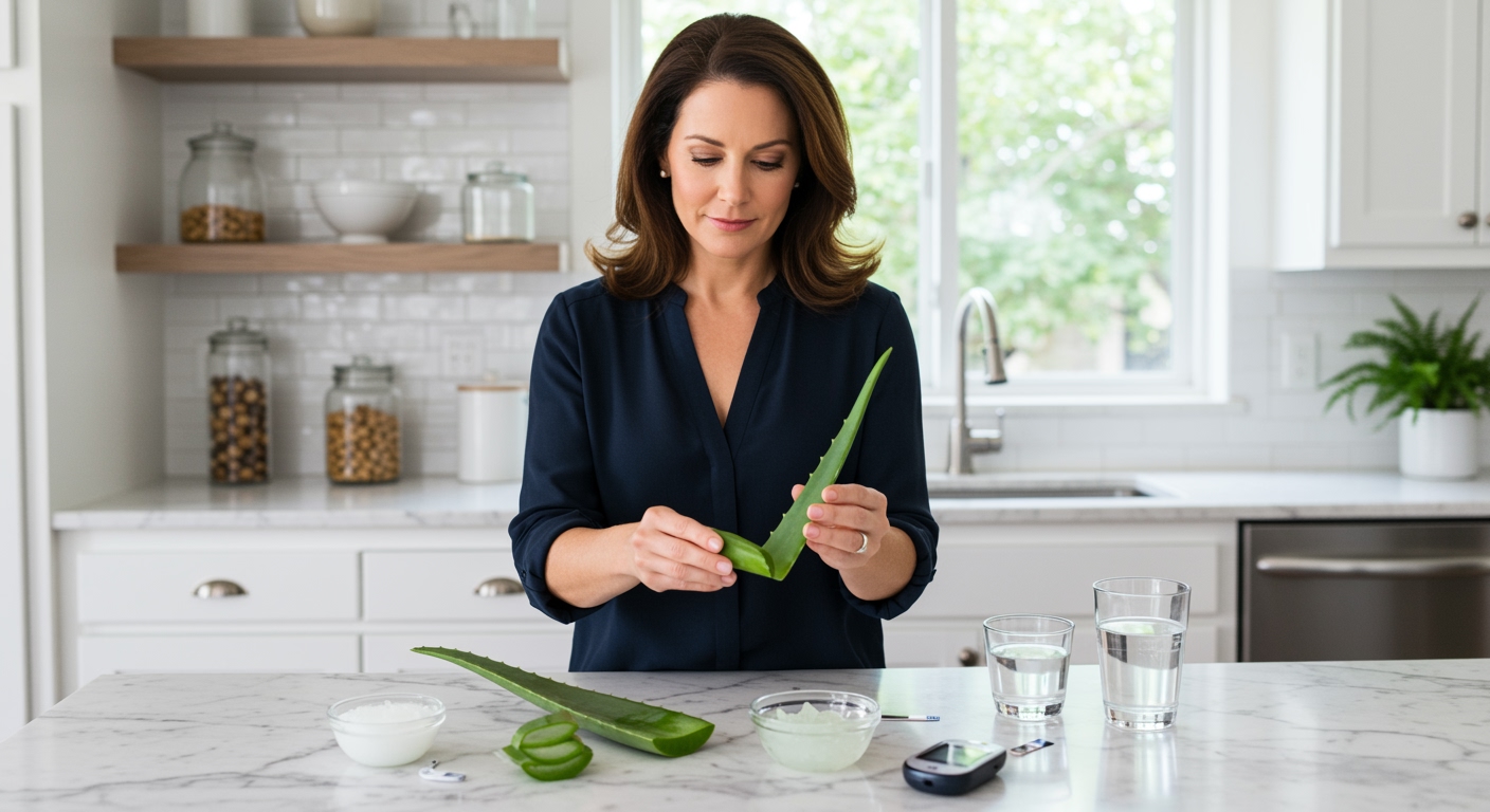 Middle-aged woman holding aloe vera leaf behind marble counter with glucose meter and gel bowl in modern kitchen setting