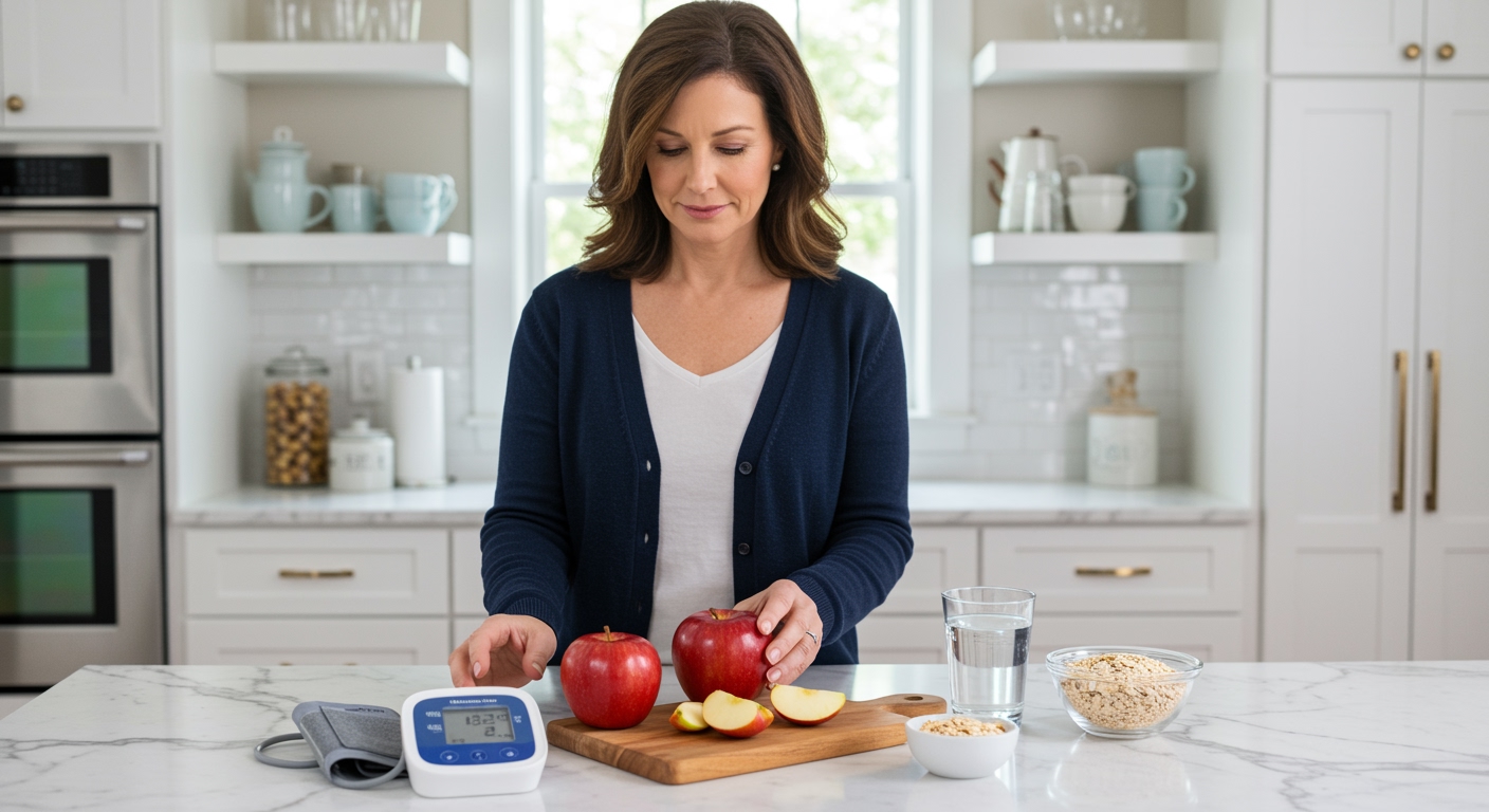 Woman holding apple behind marble counter with blood pressure monitor, apple slices, oats, and water in bright kitchen