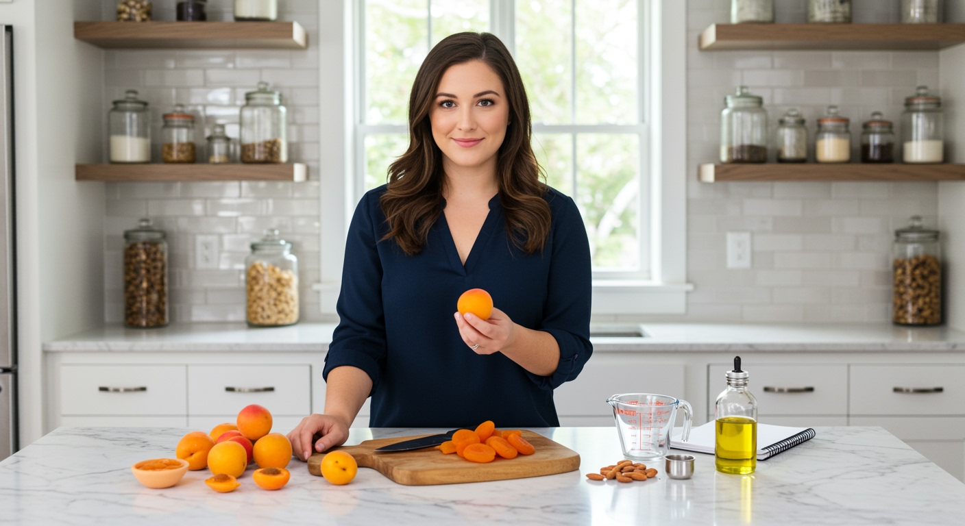 Woman holding fresh apricot behind marble counter with dried apricots and kitchen items in bright modern kitchen setting