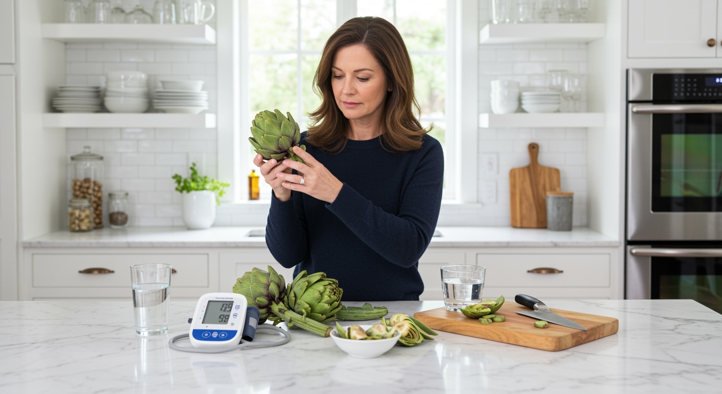 Middle-aged woman holding fresh artichoke with blood pressure monitor and vegetables on white marble kitchen counter