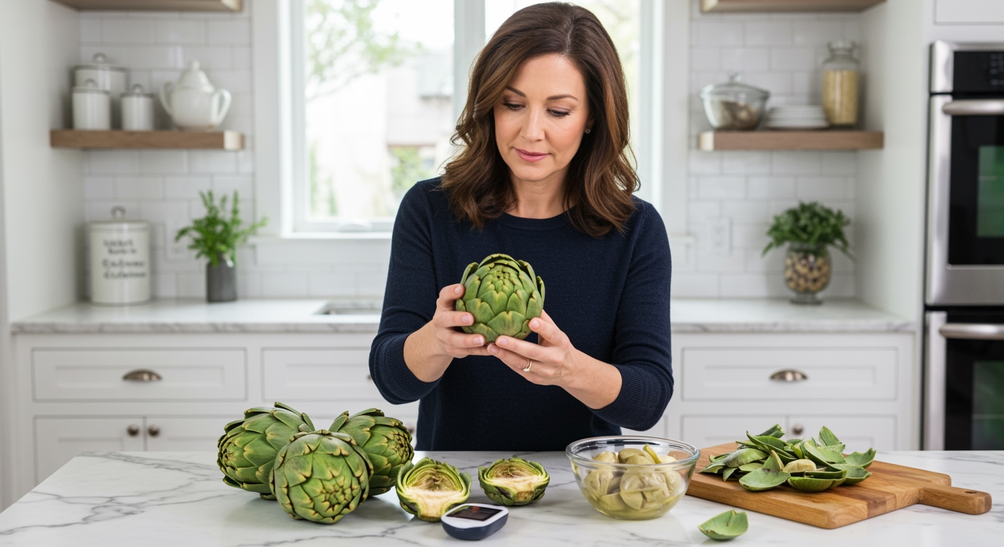 Middle-aged woman holding fresh artichoke while examining it with blood glucose meter and artichoke pieces on marble counter