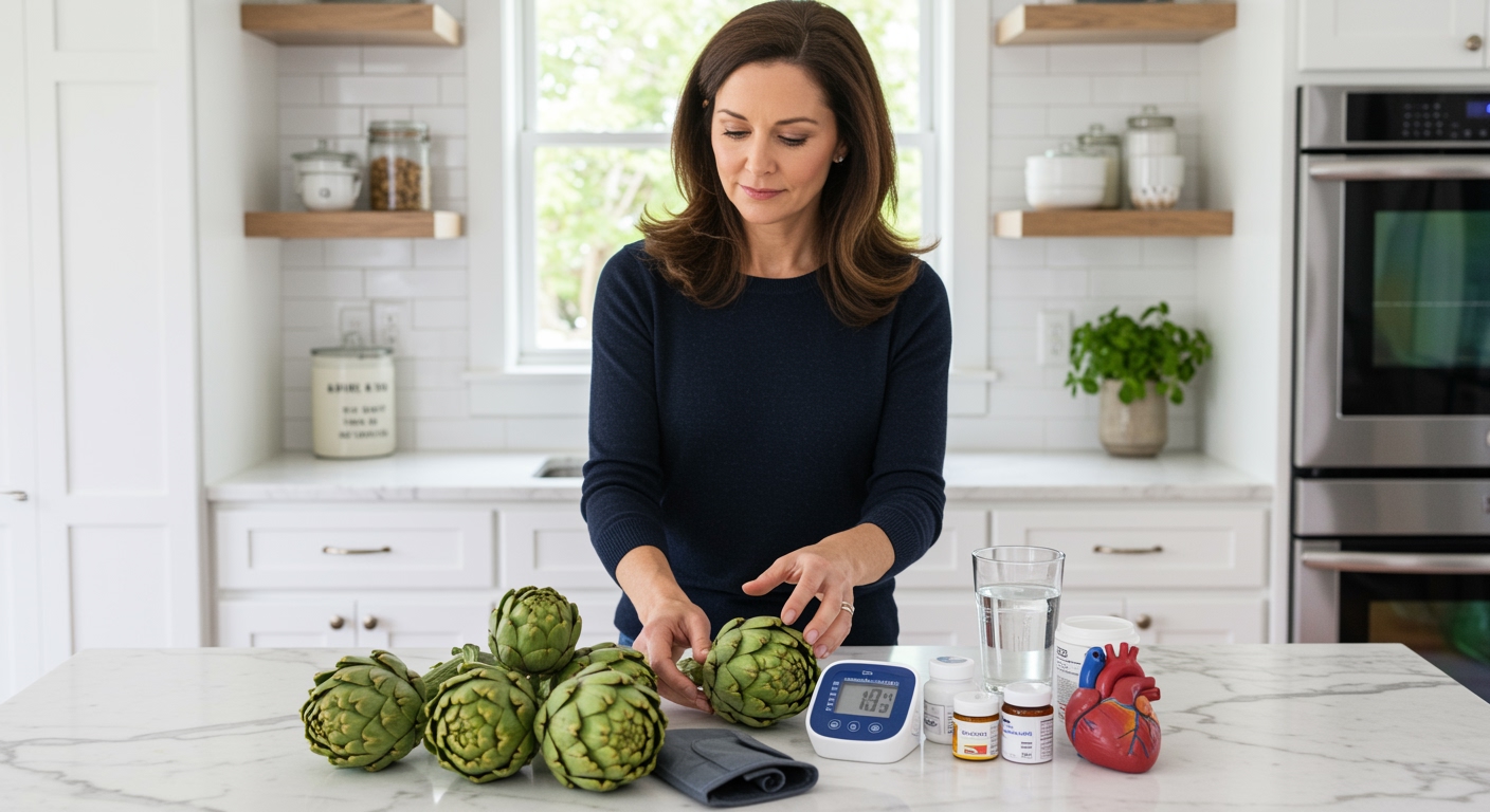 Woman holding artichoke behind marble counter with blood pressure monitor and health items in bright modern kitchen