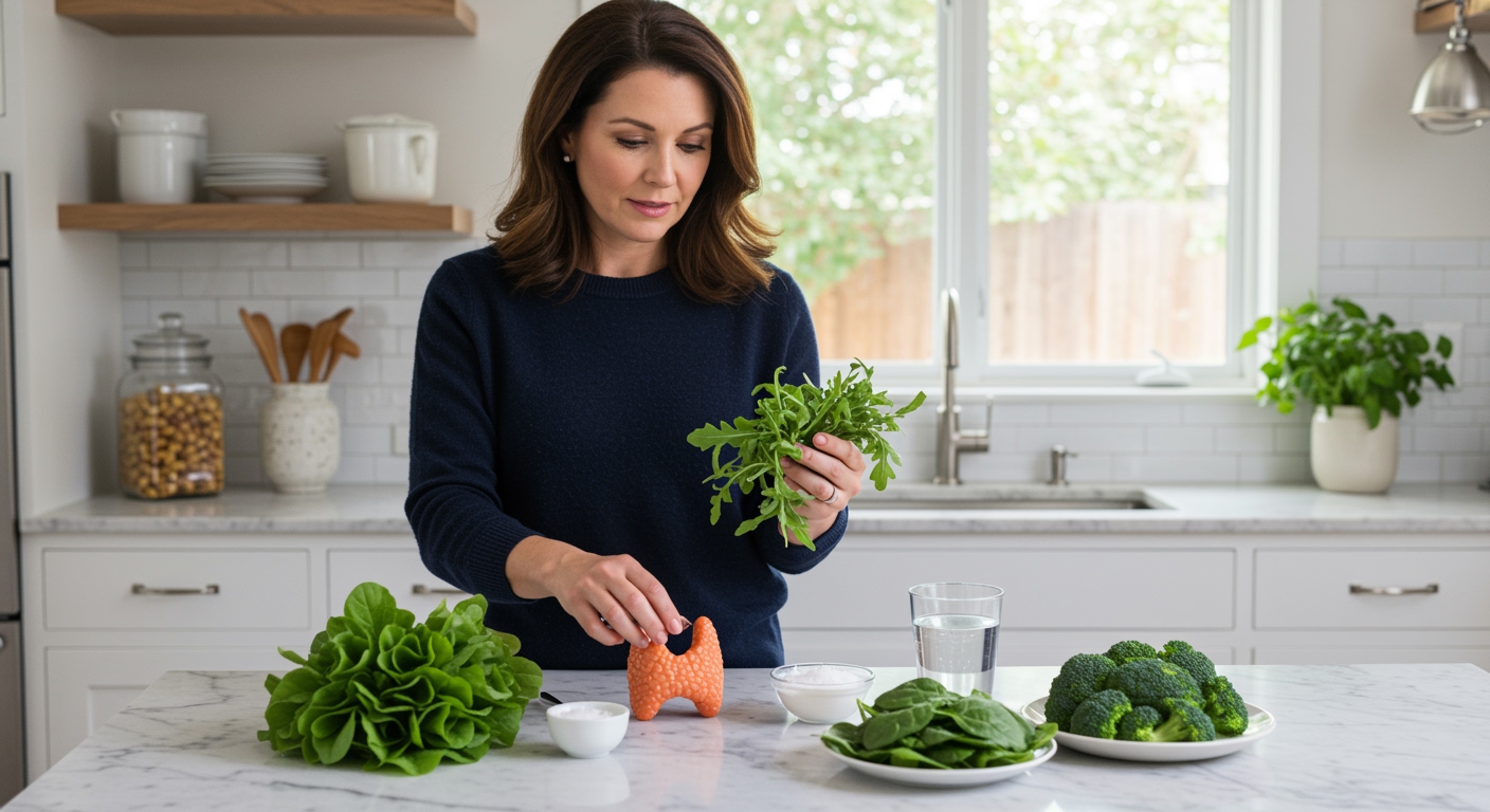 Middle-aged woman holding fresh arugula leaves while standing behind white marble countertop with thyroid model and vegetables