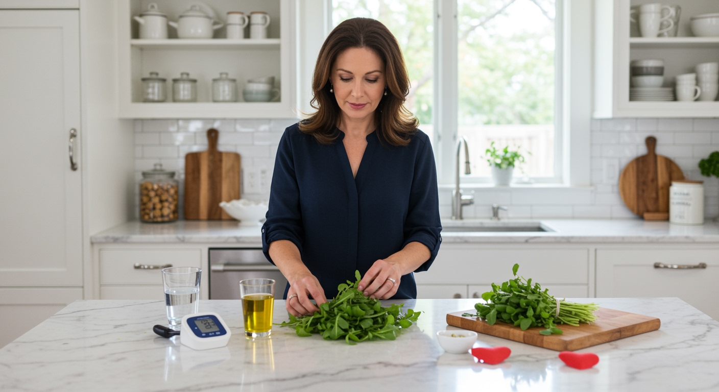Middle-aged woman holding fresh arugula leaves while standing behind white marble countertop with blood pressure monitor visible