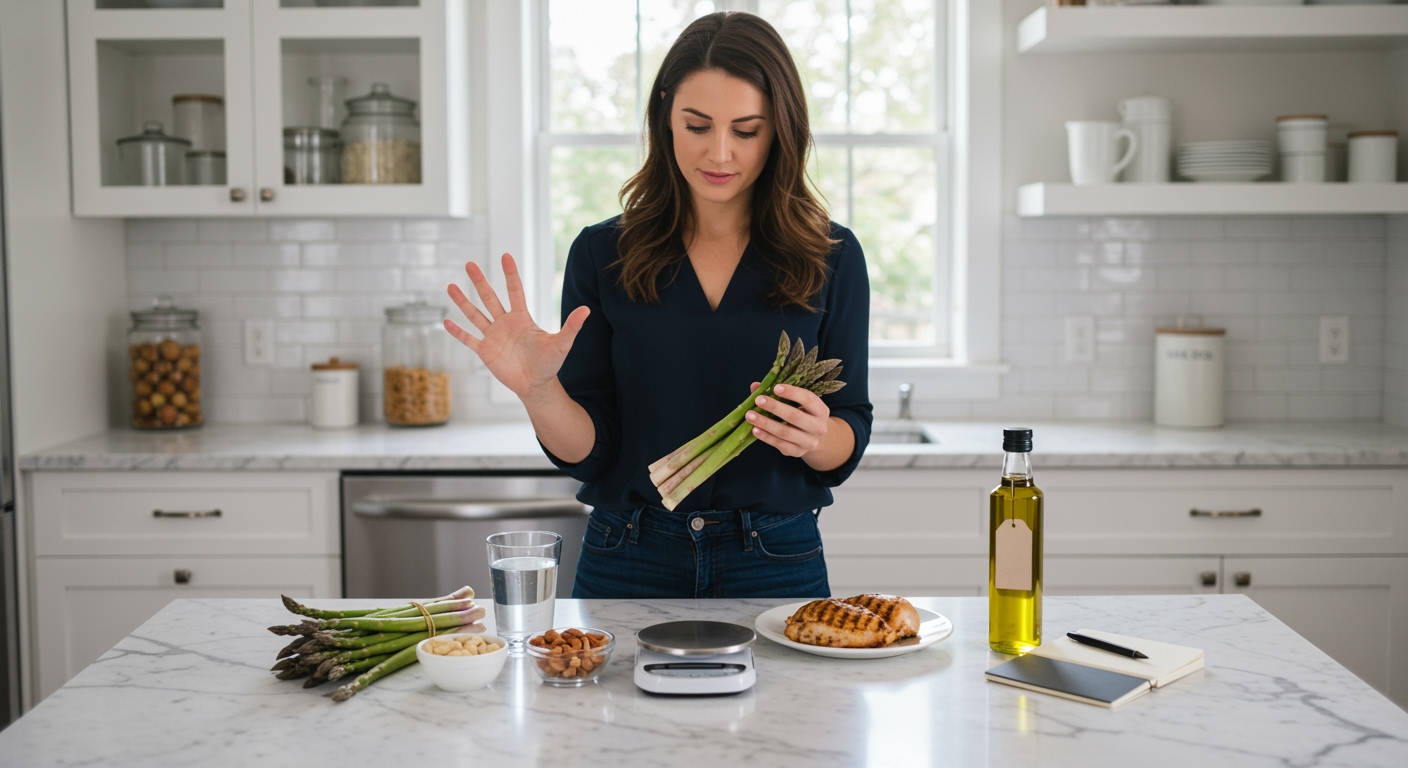 Woman holding fresh asparagus spears on marble countertop with healthy foods and kitchen items in bright modern kitchen