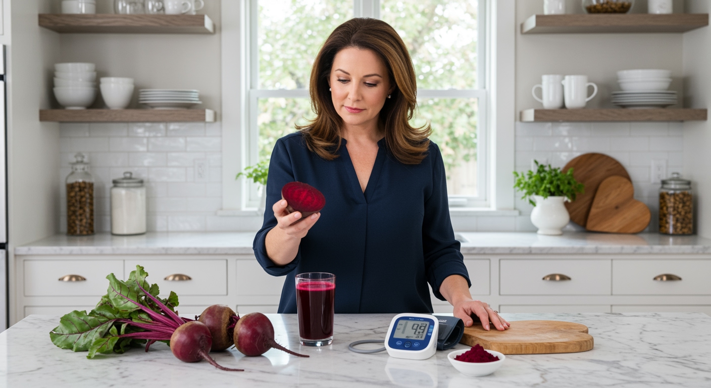 Middle-aged woman holding beetroot behind marble counter with blood pressure monitor and beetroot products in modern kitchen