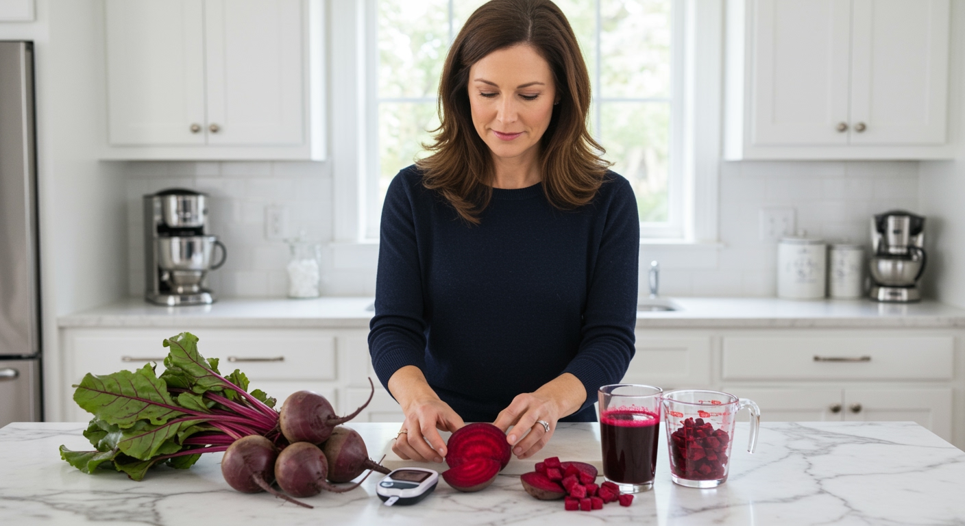 Middle-aged woman examining fresh beetroots on marble countertop with glucose meter and beetroot juice in modern kitchen