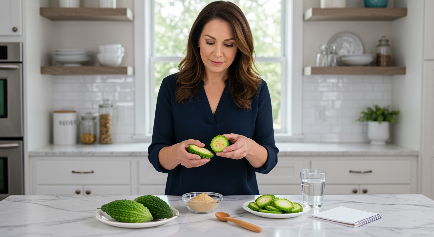 Middle-aged woman holding halved bitter melon behind white marble counter with health supplements and kitchen items visible