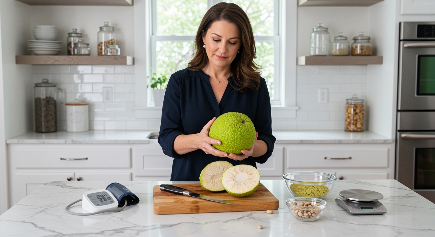 Middle-aged woman holding whole breadfruit behind marble counter with blood pressure monitor and kitchen tools visible