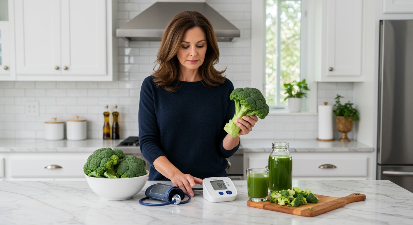 Middle-aged woman holding broccoli behind marble counter with blood pressure monitor and healthy vegetables in modern kitchen
