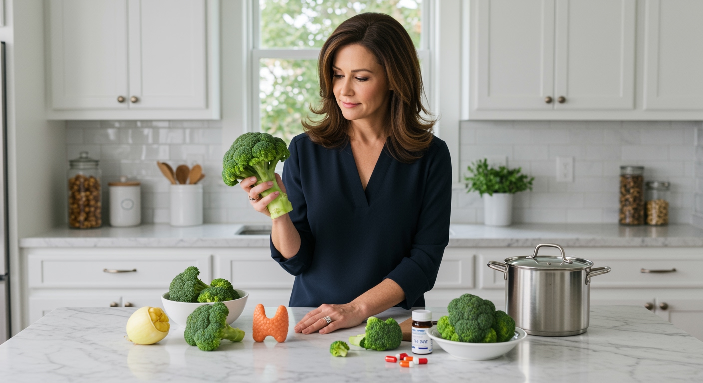 Middle-aged woman holding fresh broccoli behind marble counter with thyroid model and cooked vegetables in bright kitchen