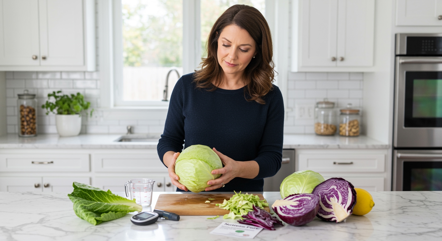 Middle-aged woman examining green cabbage head with both hands on white marble countertop with diabetes testing supplies