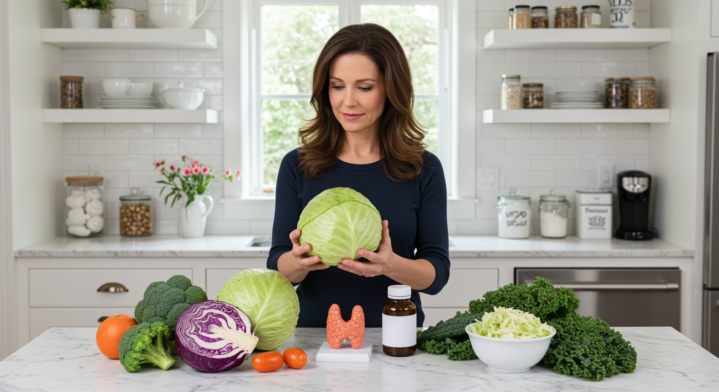 Woman holding green cabbage on marble counter with thyroid model, medication bottle, and cruciferous vegetables in bright kitchen