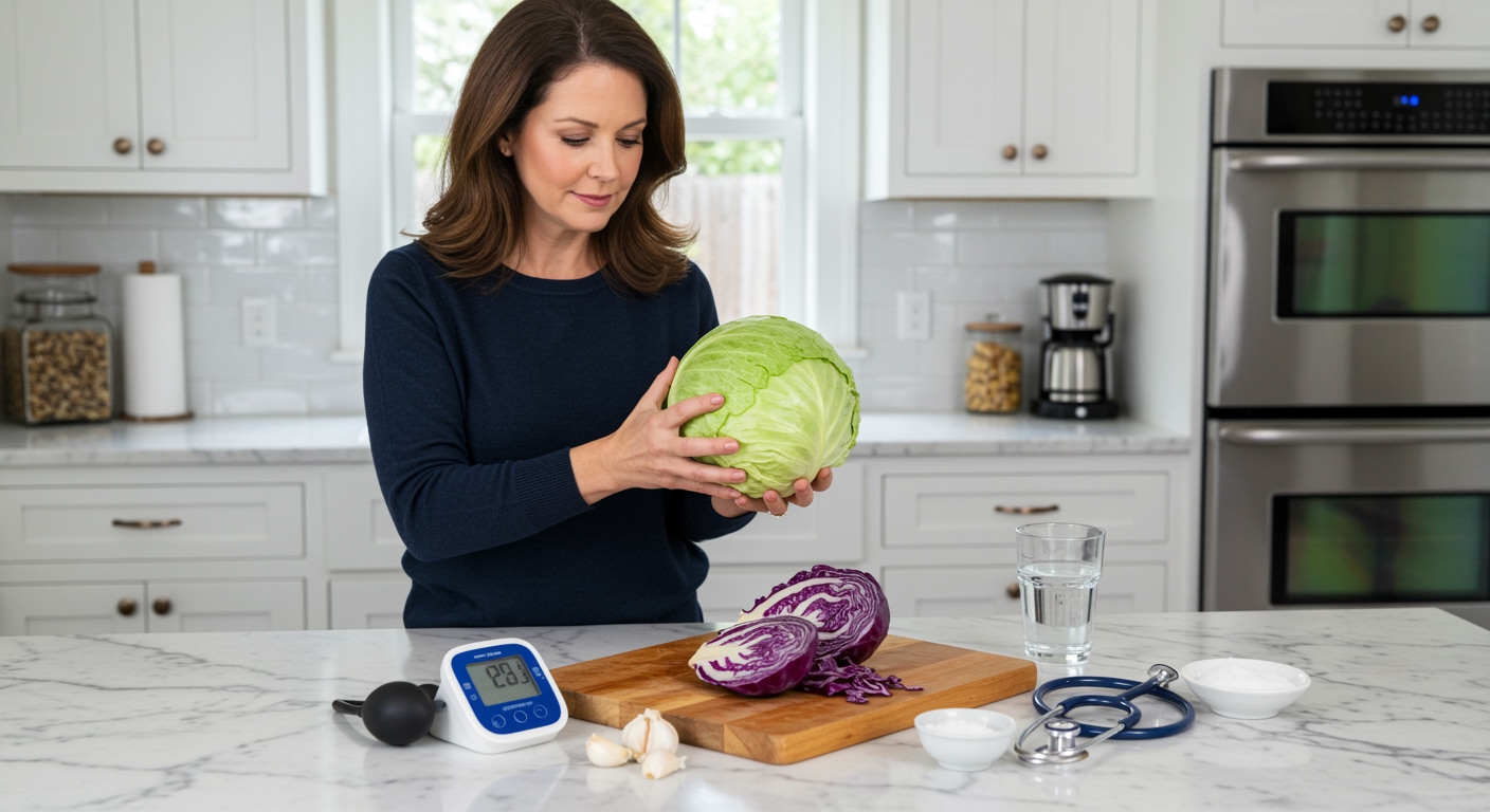 Middle-aged woman holding green cabbage with blood pressure monitor and health items on white marble kitchen counter