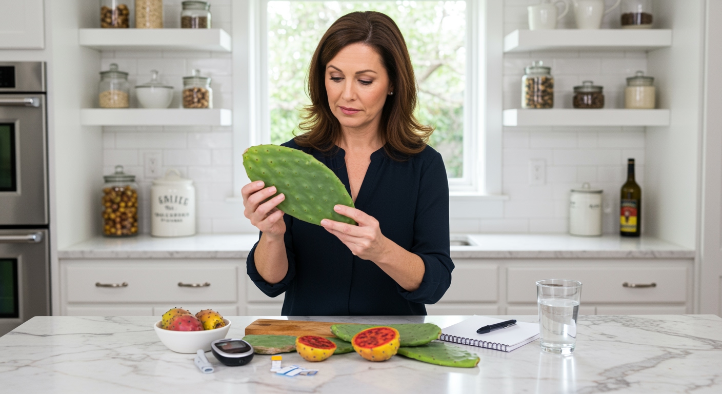 Middle-aged woman holding prickly pear cactus pad while standing behind marble counter with diabetes supplies in modern kitchen