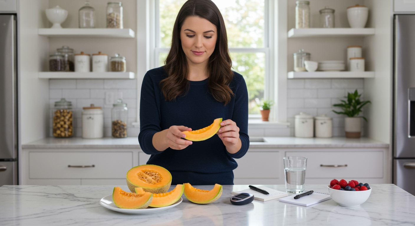 Woman holding cantaloupe slice on marble countertop with glucose meter and healthy foods in bright modern kitchen