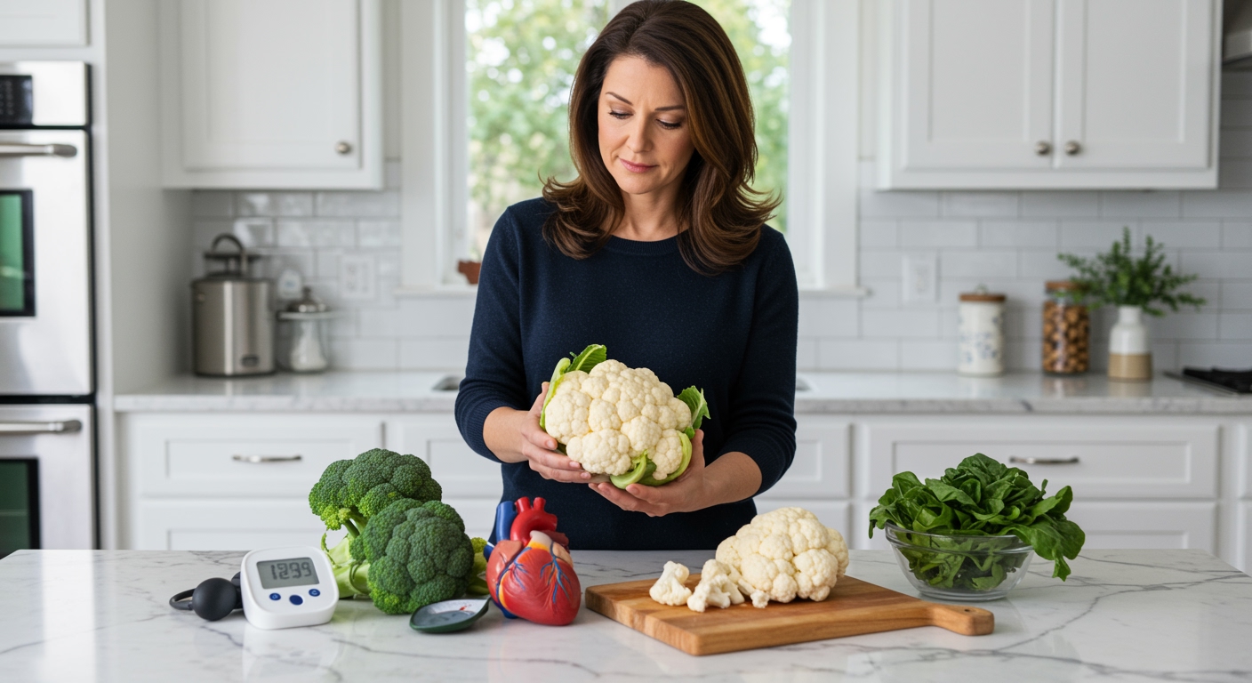 Woman holding cauliflower head while standing behind marble counter with blood pressure monitor and healthy vegetables