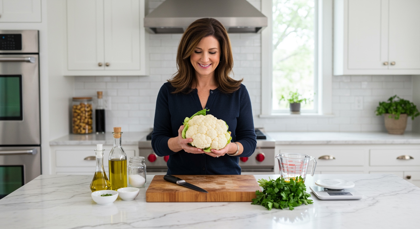 Middle-aged woman holding fresh cauliflower head with both hands while standing behind marble countertop with cooking utensils