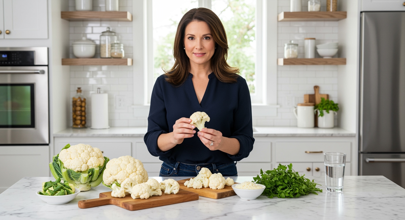 Woman holding cauliflower floret with various cauliflower preparations arranged on white marble countertop in bright kitchen