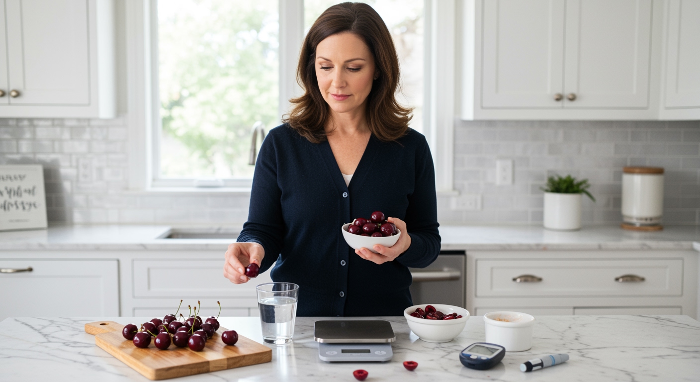 Middle-aged woman in dark cardigan examining fresh red cherries at white marble countertop with kitchen scale and glucose meter