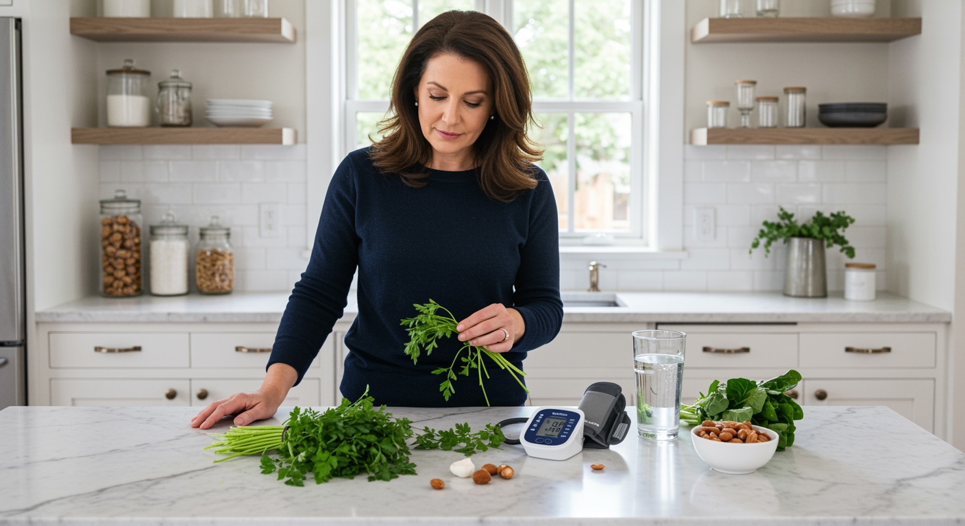 Middle-aged woman touching fresh chervil sprigs on marble counter with blood pressure monitor and healthy foods nearby