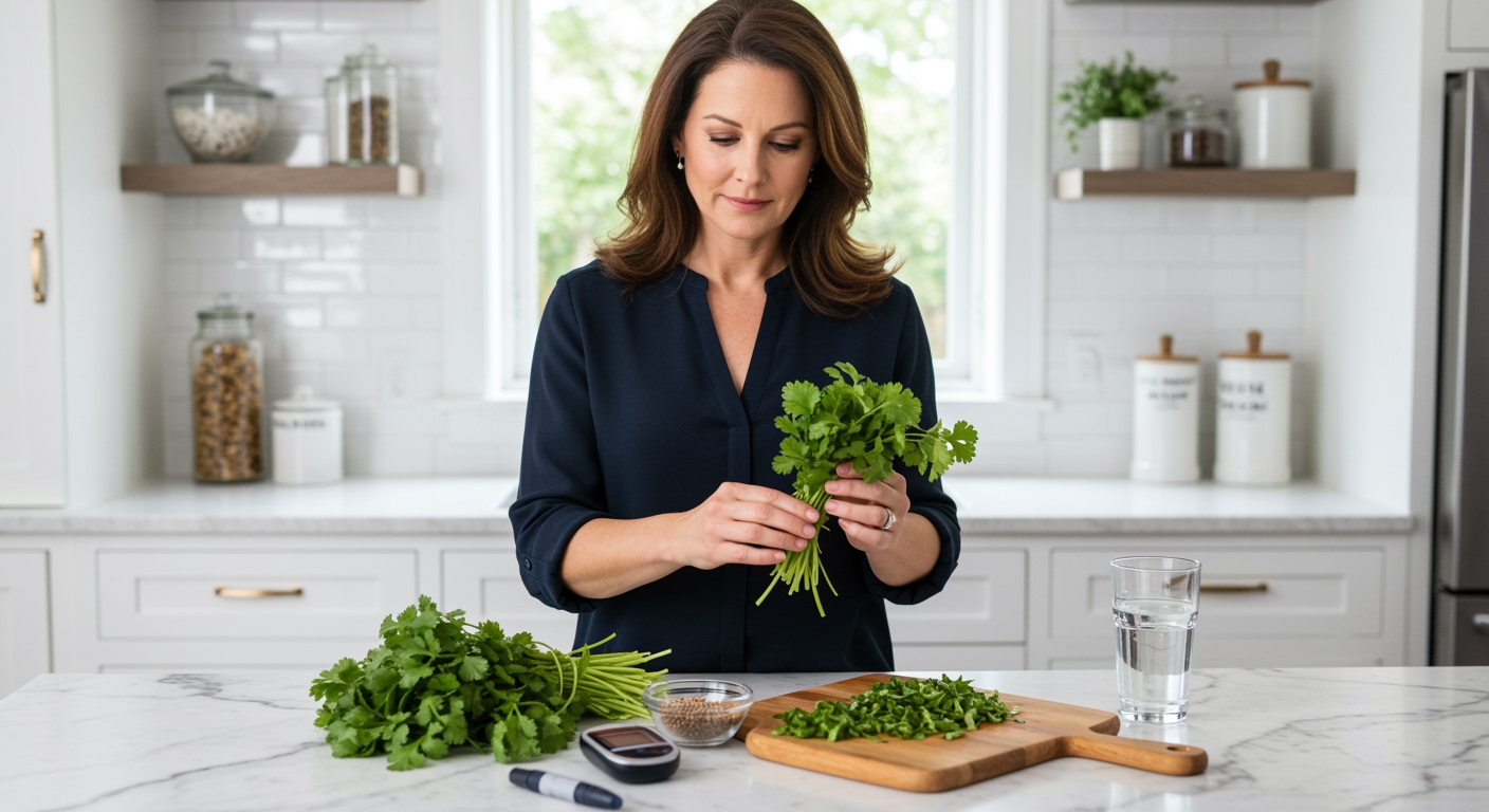Middle-aged woman holding fresh cilantro sprigs while standing behind marble countertop with diabetes testing supplies