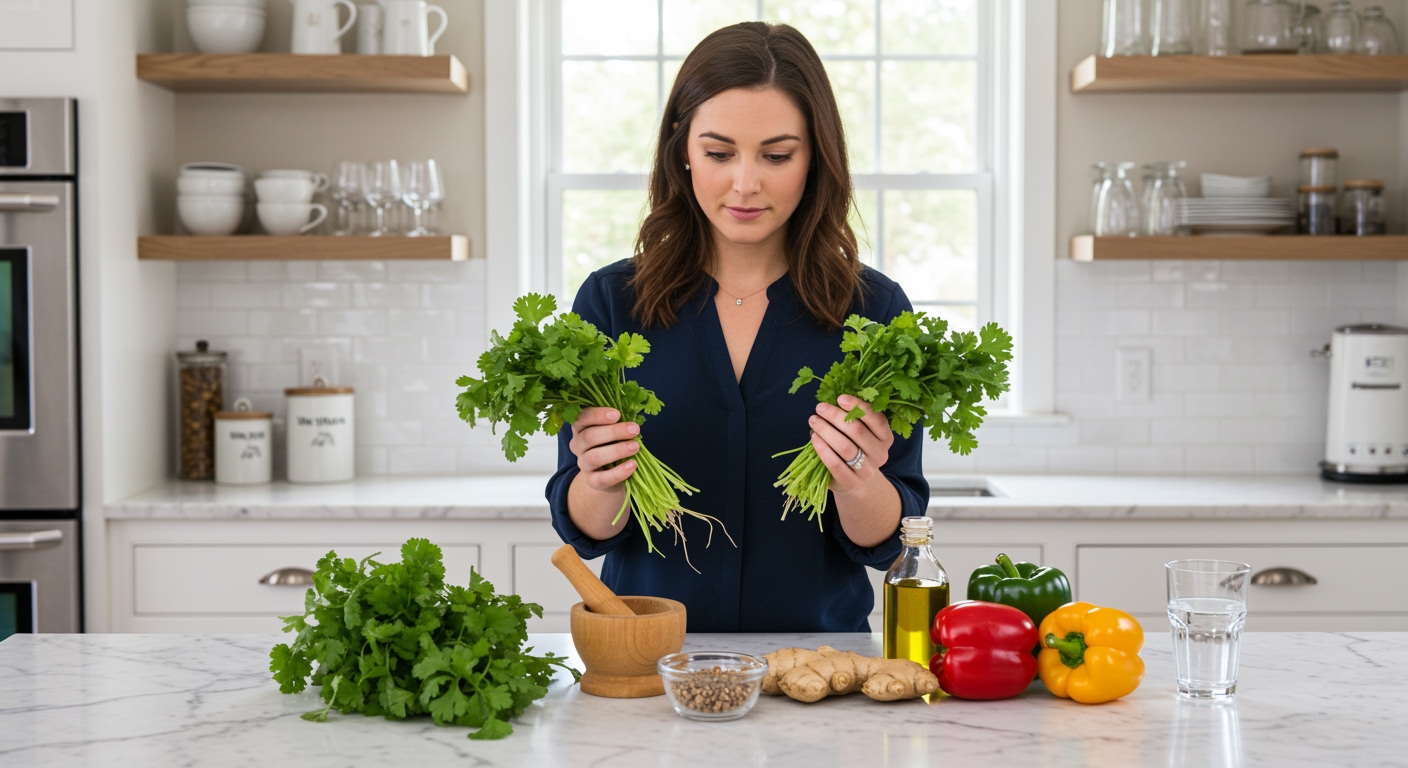 Young woman holding fresh cilantro bunches on marble countertop with herbs, spices, and healthy ingredients in modern kitchen