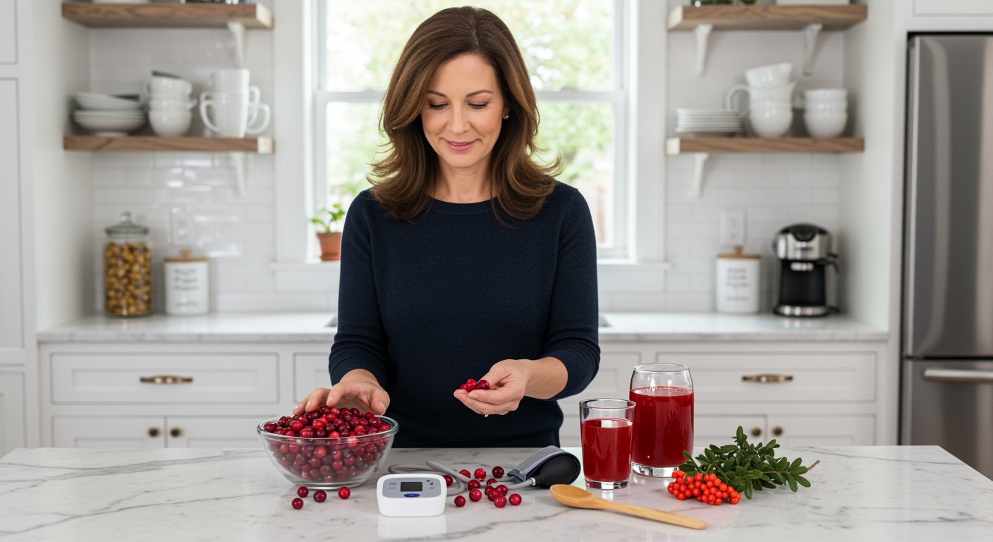 Woman examining fresh cranberries on marble countertop with blood pressure monitor and cranberry juice in modern kitchen