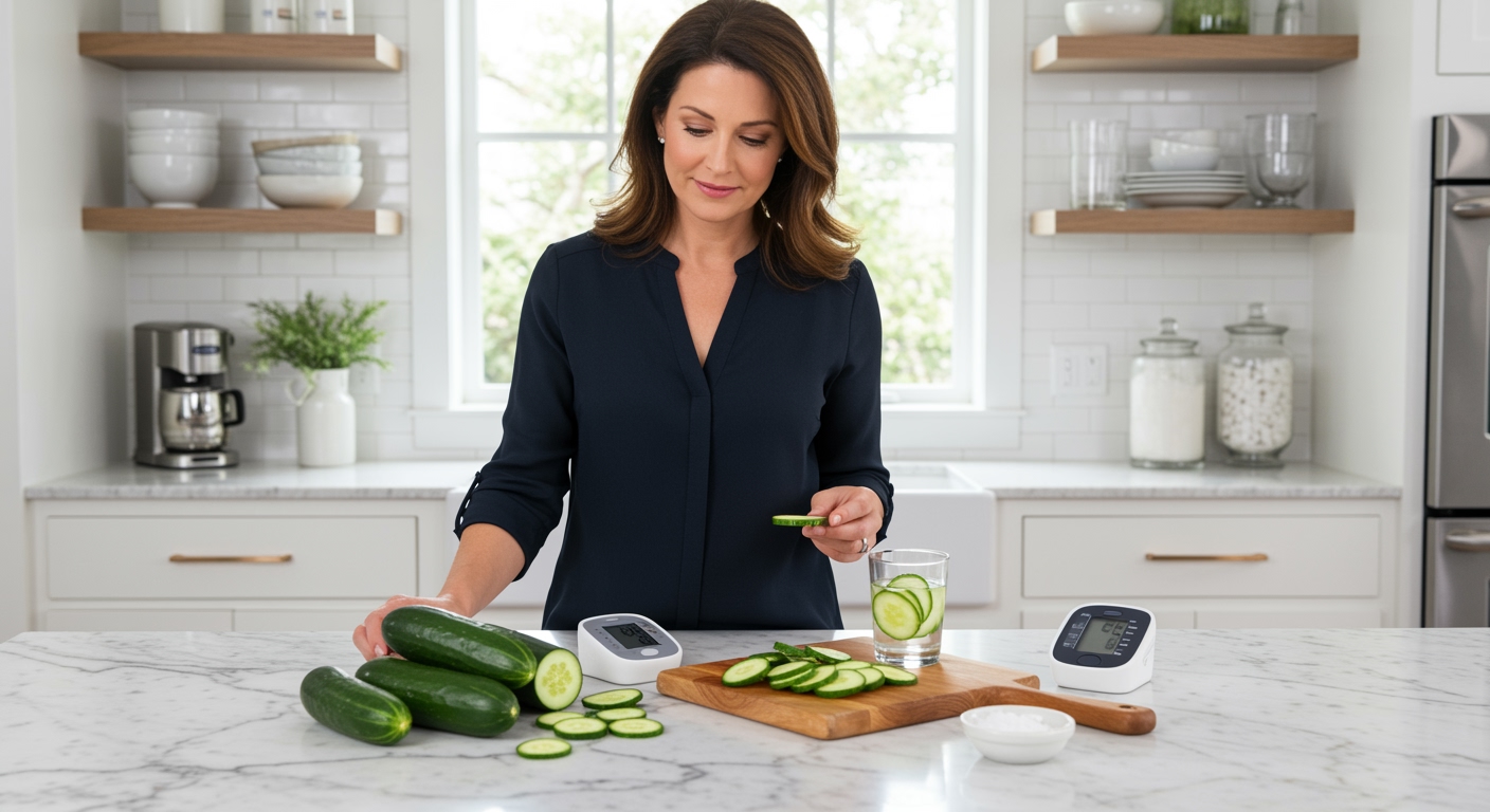 Middle-aged woman holding cucumber slice behind marble counter with blood pressure monitor and fresh vegetables in bright kitchen