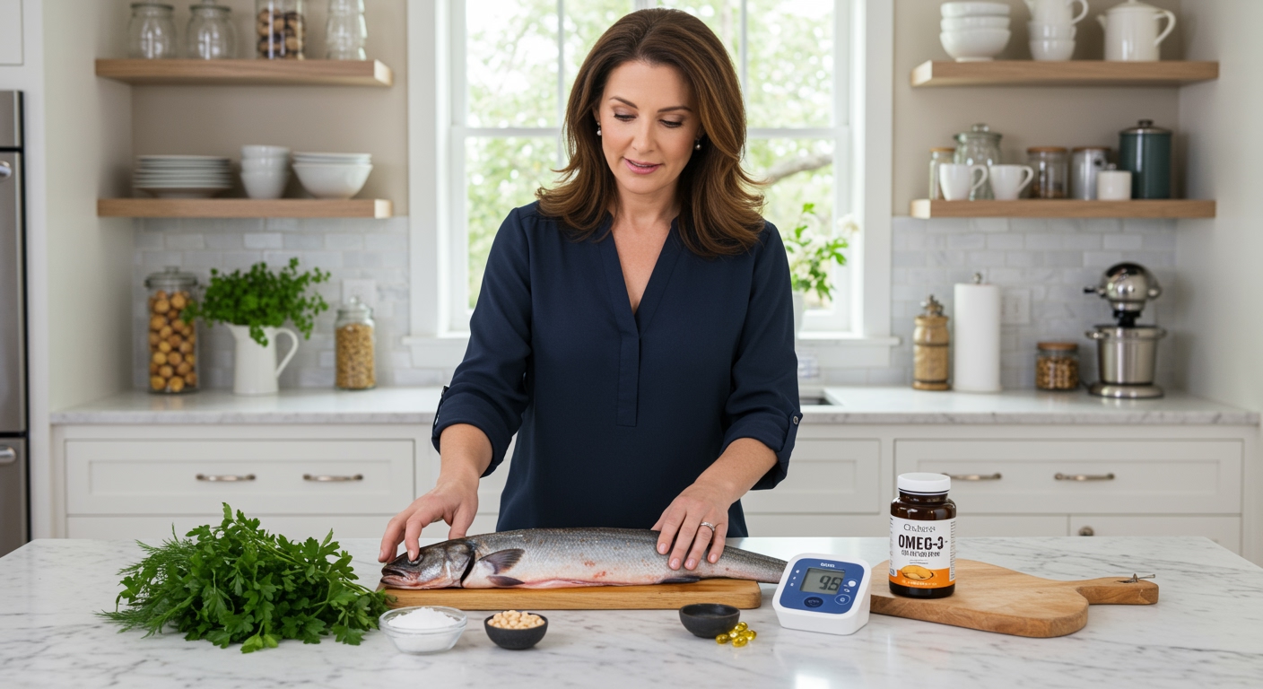 Woman examining fresh eel on marble countertop with blood pressure monitor and heart-healthy ingredients in modern kitchen