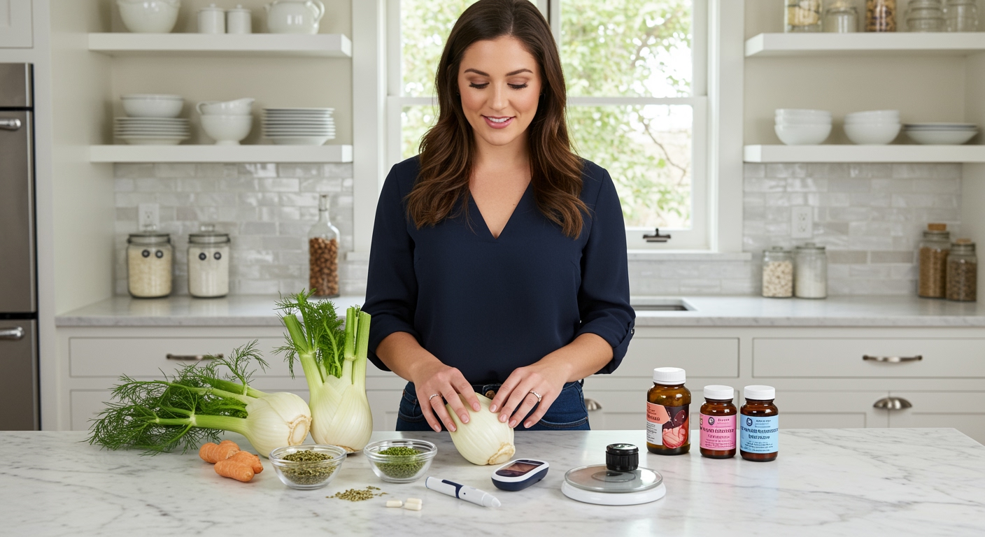Woman examining fresh fennel bulbs on marble counter with PCOS-related health items in bright modern kitchen