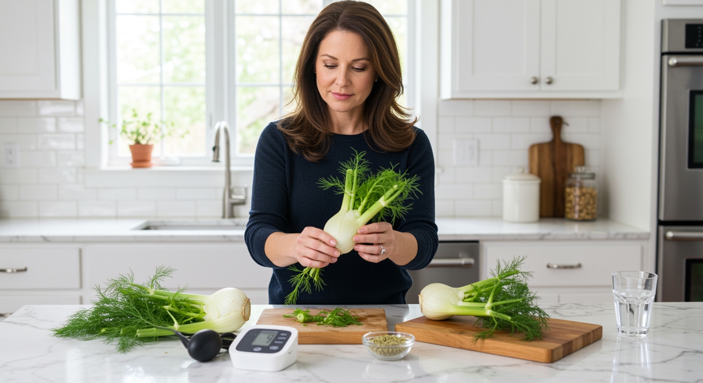 Woman holding fresh fennel fronds while standing behind marble countertop with blood pressure monitor and fennel products visible