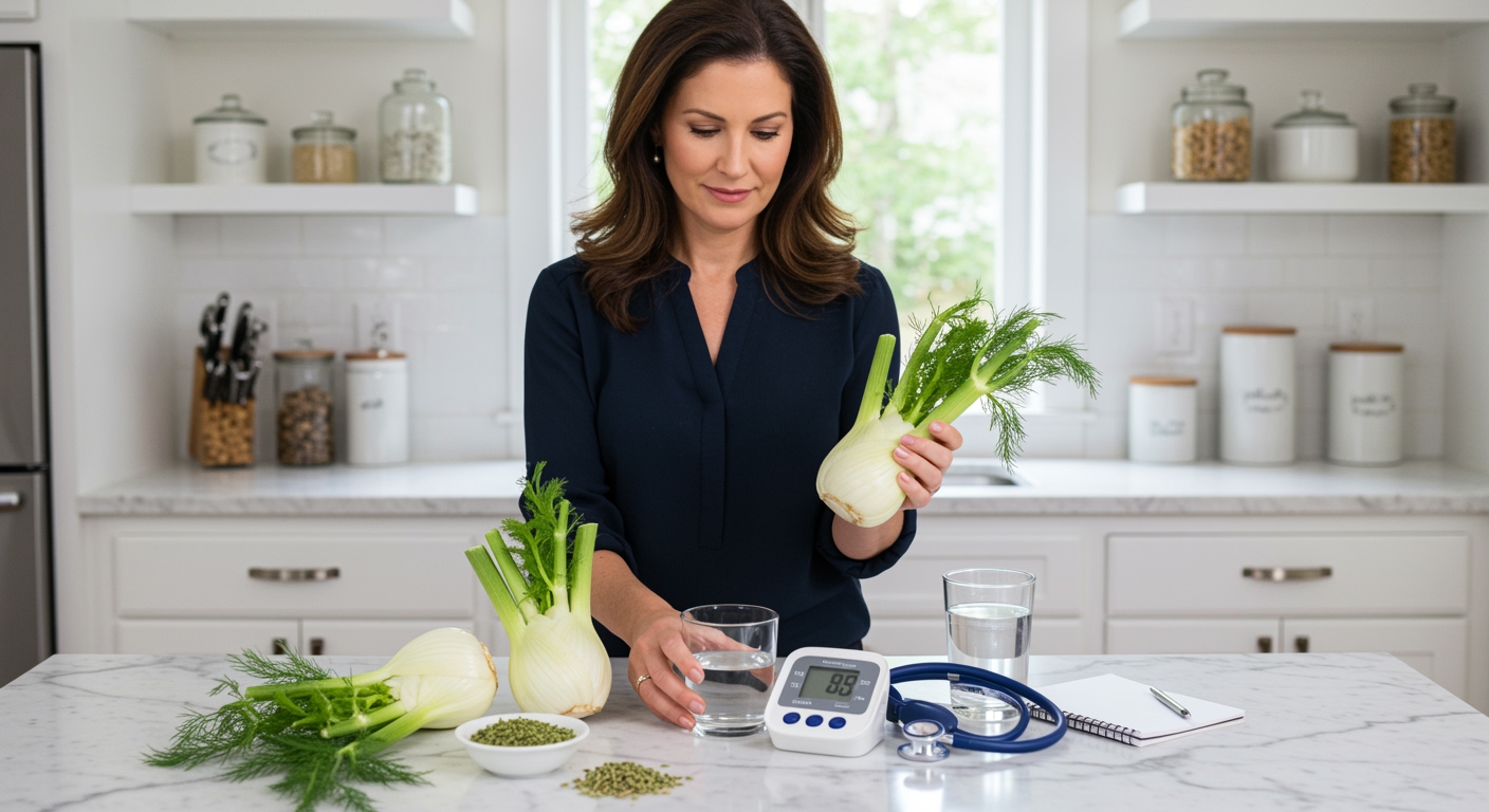 Middle-aged woman holding fennel bulbs behind marble counter with blood pressure monitor and health items in modern kitchen