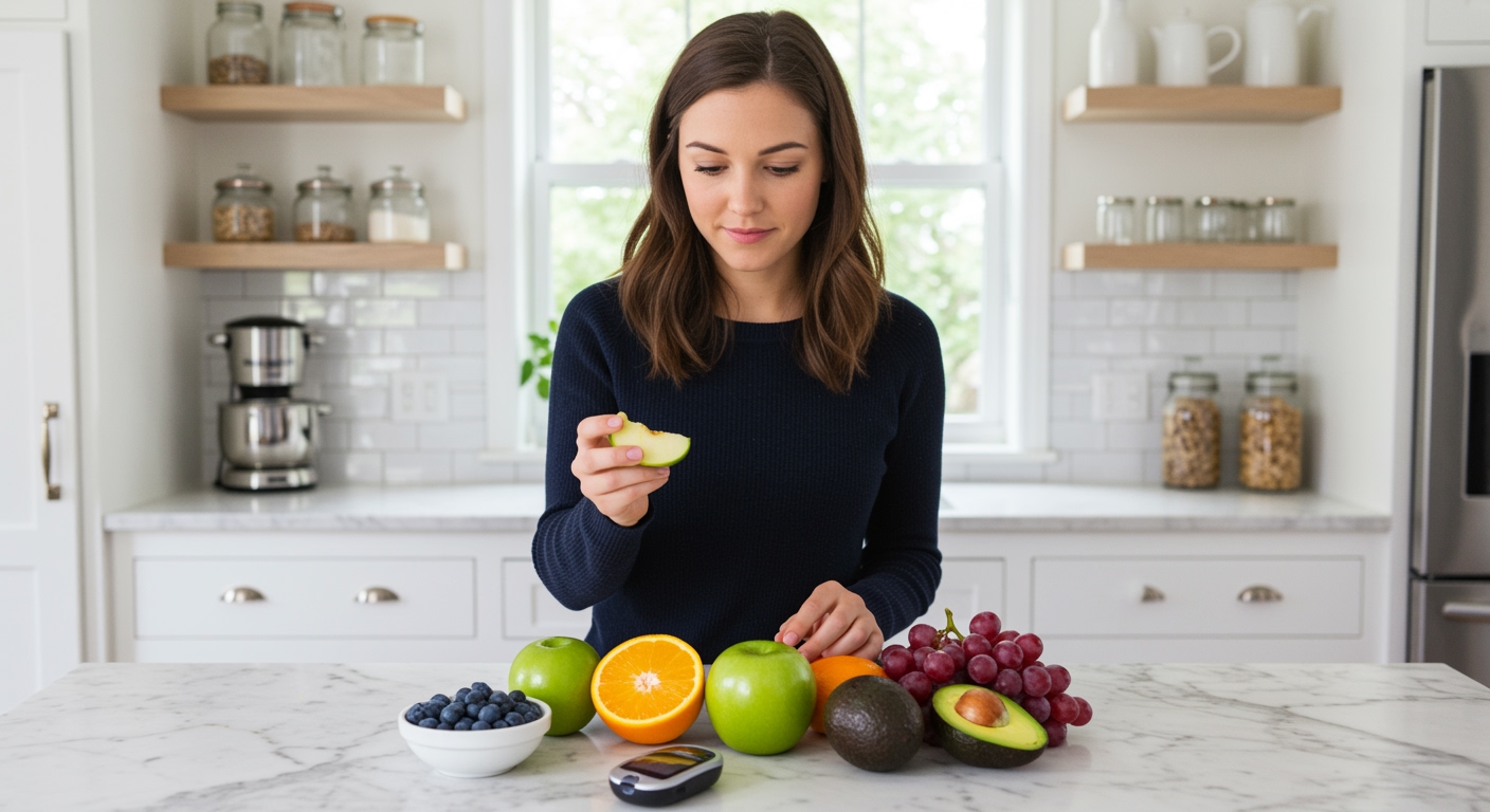 Woman holding apple slice at kitchen counter with fresh fruits and blood glucose meter arranged on white marble surface
