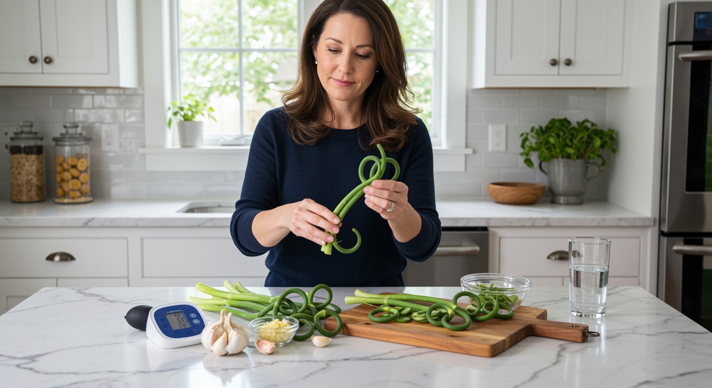 Middle-aged woman holding fresh green garlic scapes while standing behind marble countertop with blood pressure monitor visible