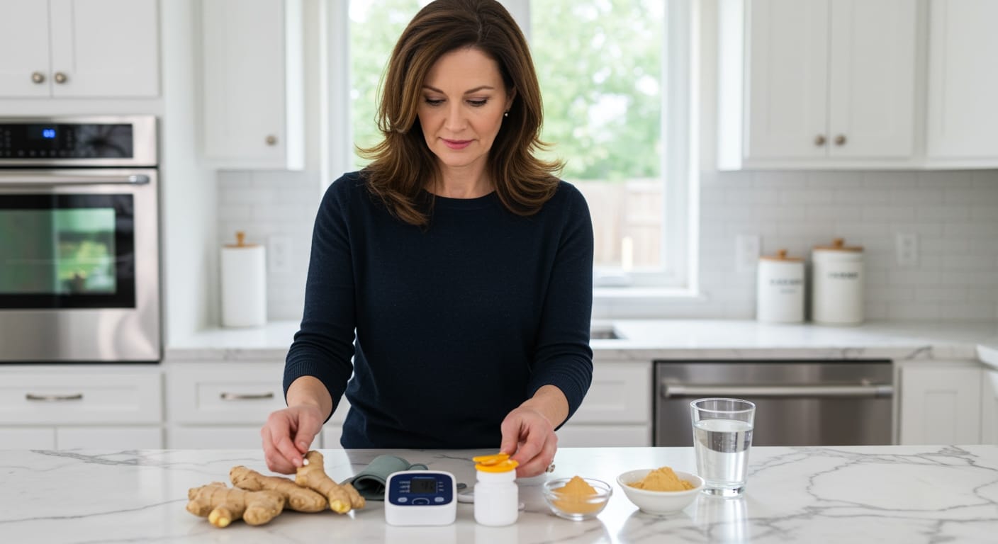 Middle-aged woman examining fresh ginger root pieces on marble countertop with blood pressure monitor and supplements visible