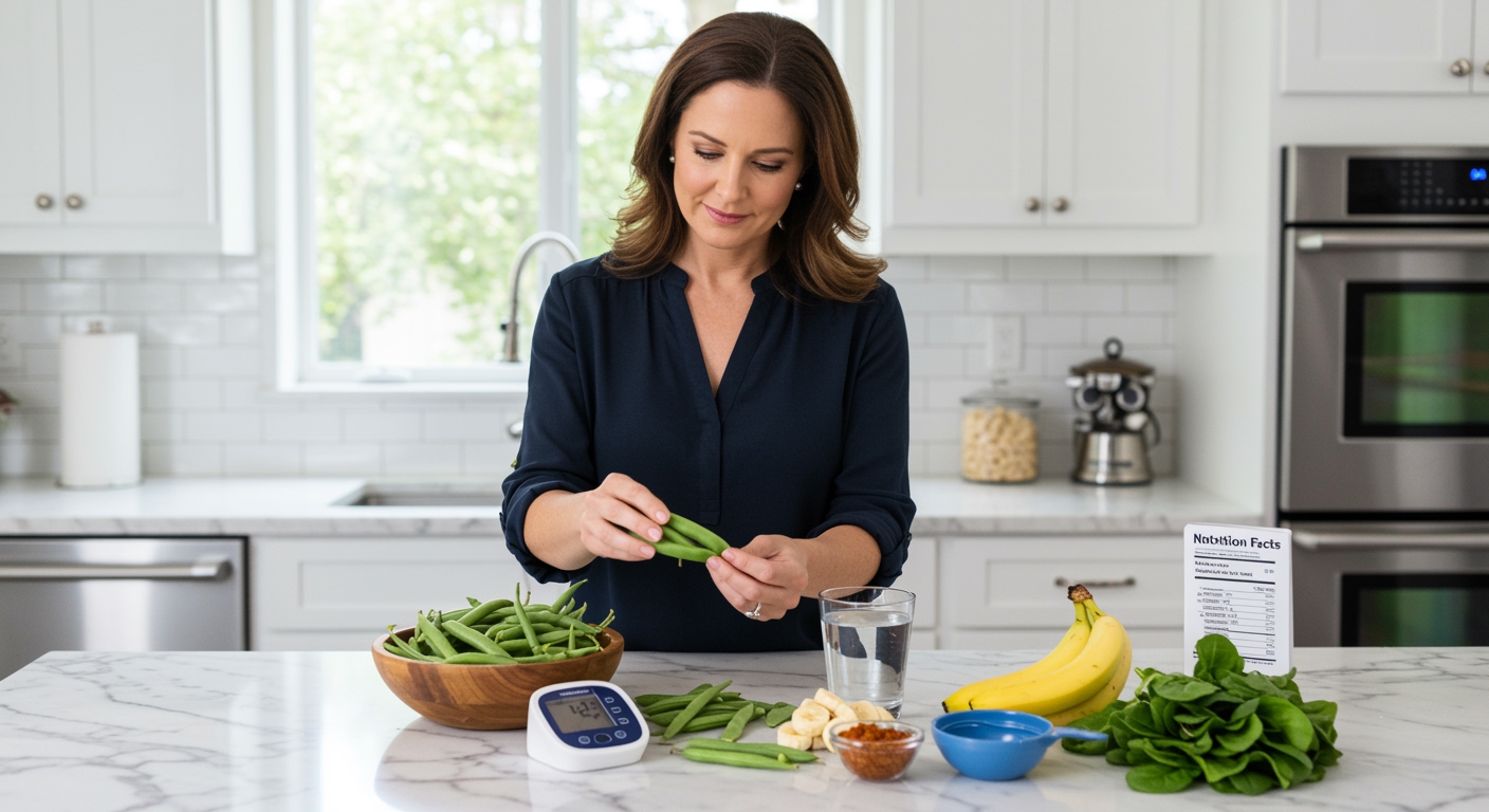 Woman holding fresh green beans on marble countertop with blood pressure monitor and healthy foods in modern kitchen