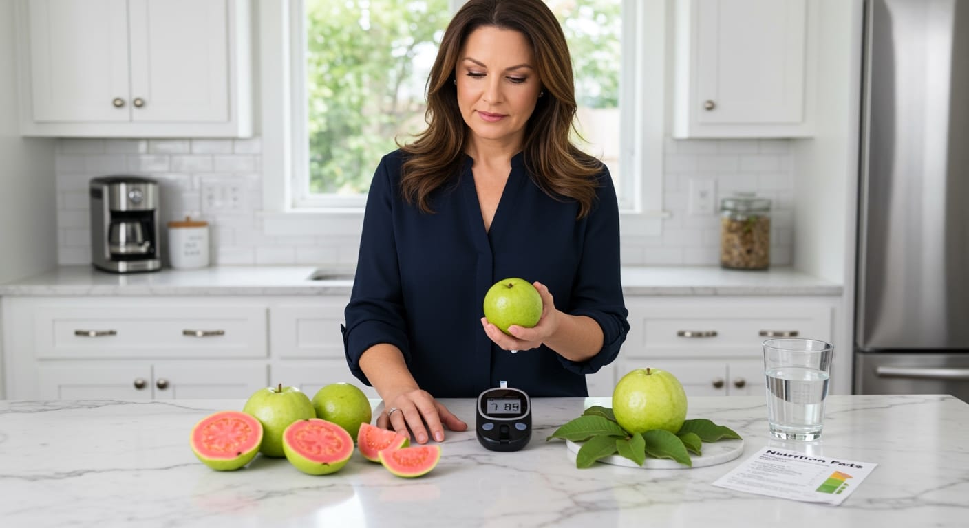 Middle-aged woman holding green guava fruit standing behind marble counter with blood glucose meter and sliced guavas visible