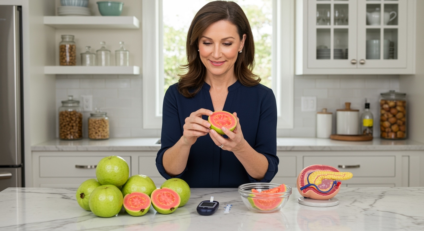 Middle-aged woman holding whole guava behind white marble counter with fresh guavas, glucose meter, and pancreas model visible