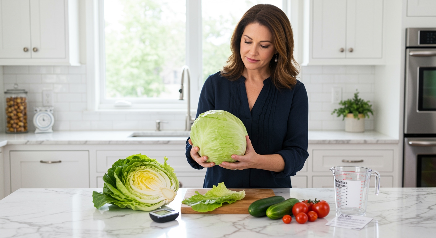 Middle-aged woman holding iceberg lettuce behind marble counter with blood glucose meter and fresh vegetables visible