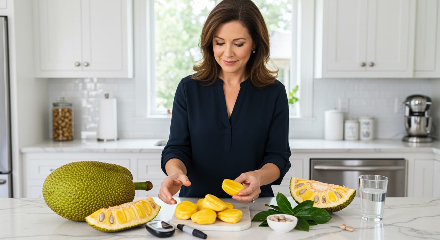 Middle-aged woman examining jackfruit pieces on marble countertop with glucose meter and tropical fruit segments visible