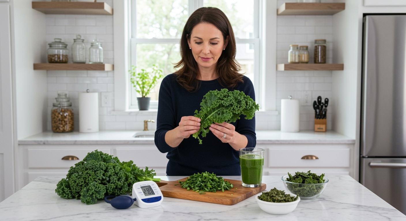 Middle-aged woman holding fresh kale leaves while standing behind marble counter with blood pressure monitor and healthy foods