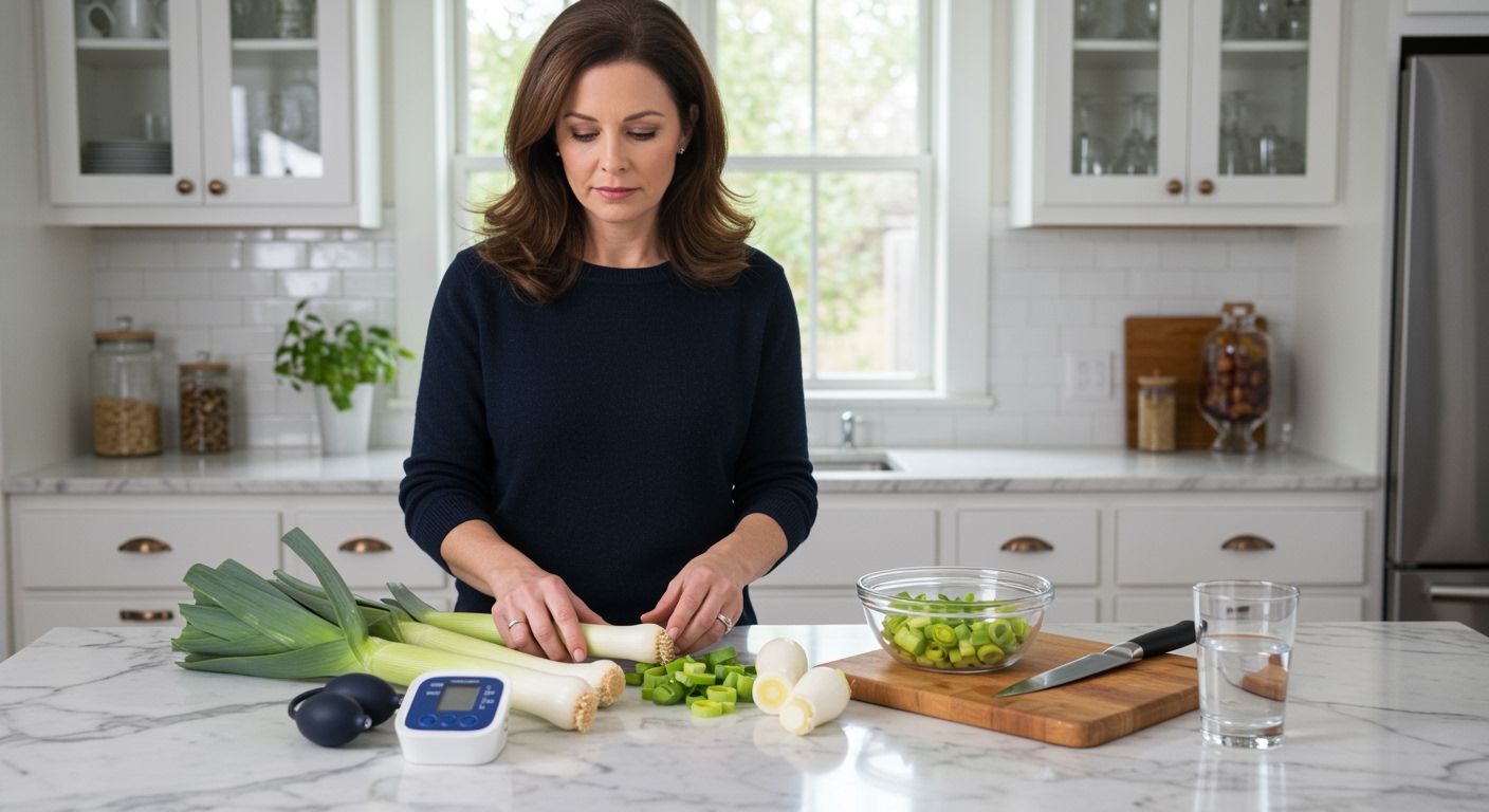 Woman holding fresh leeks behind marble counter with blood pressure monitor and chopped vegetables in modern kitchen