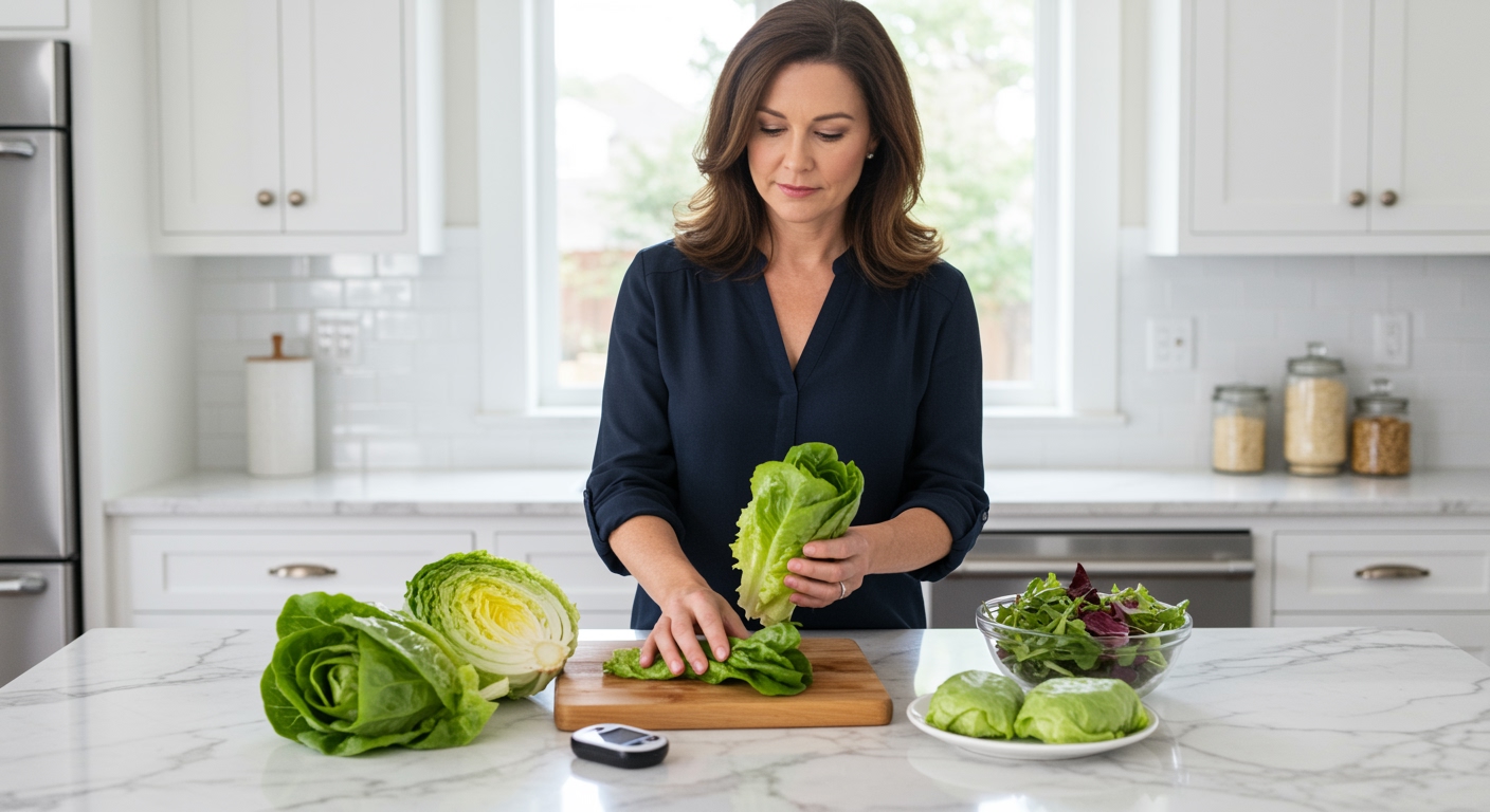 Middle-aged woman holding lettuce leaves while standing behind marble countertop with diabetes-related items in modern kitchen