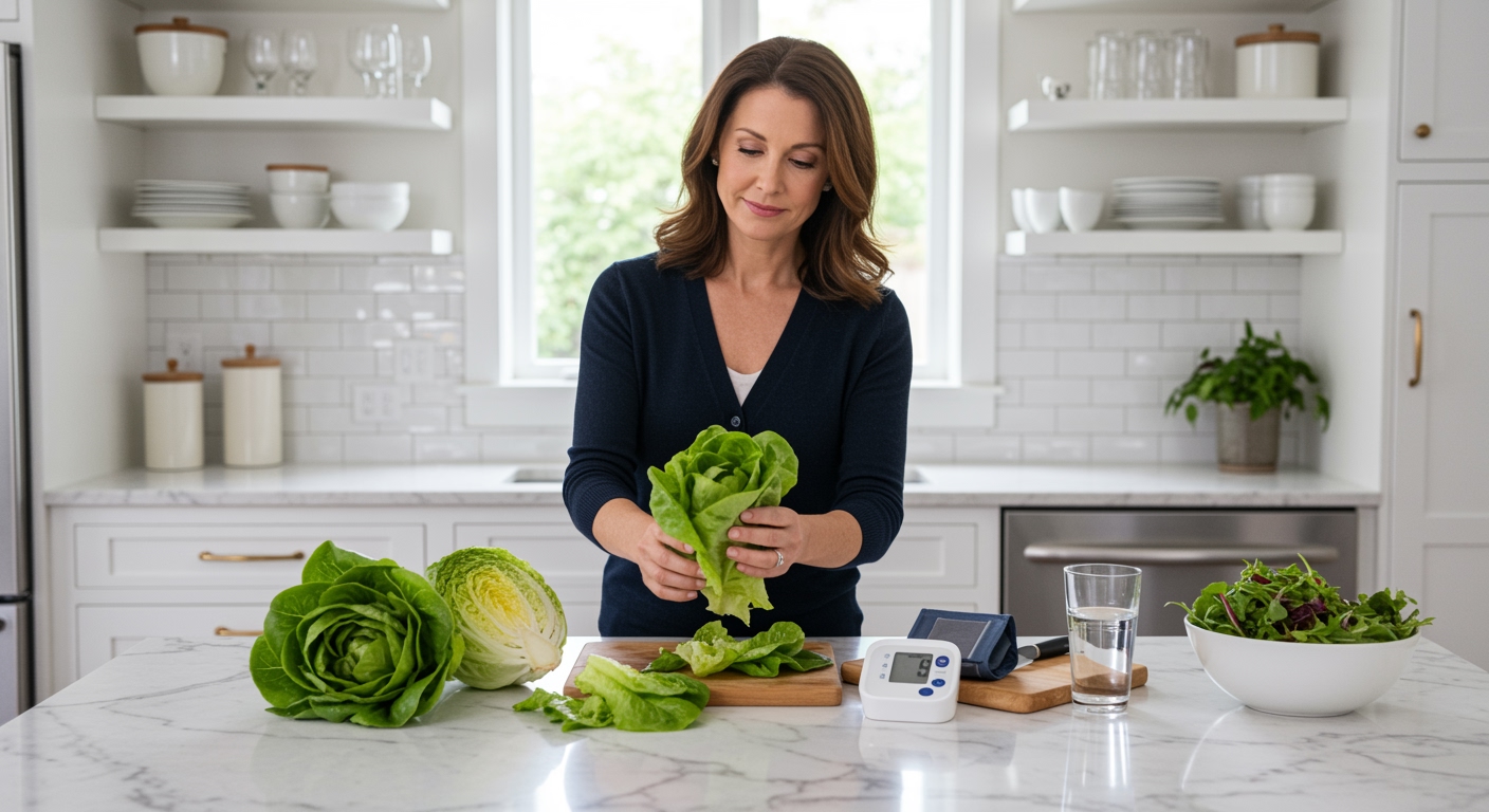 Woman holding lettuce leaves on marble countertop with blood pressure monitor and salad ingredients in modern kitchen