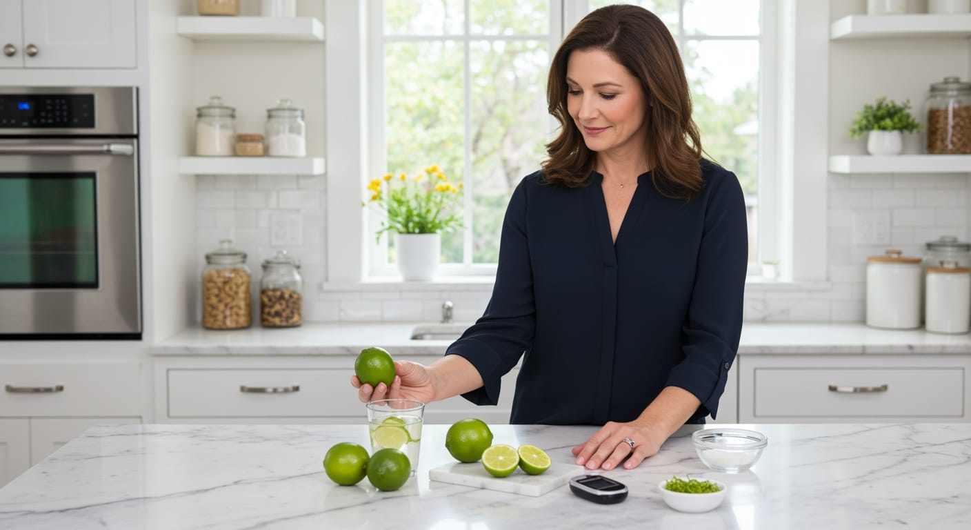 Middle-aged woman holding lime behind marble counter with diabetes testing supplies and lime products in modern kitchen